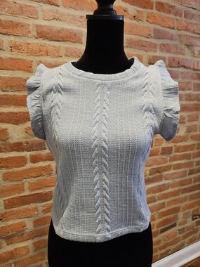 iris Pale Blue Cable Knit Flutter-Sleeve Crop Top